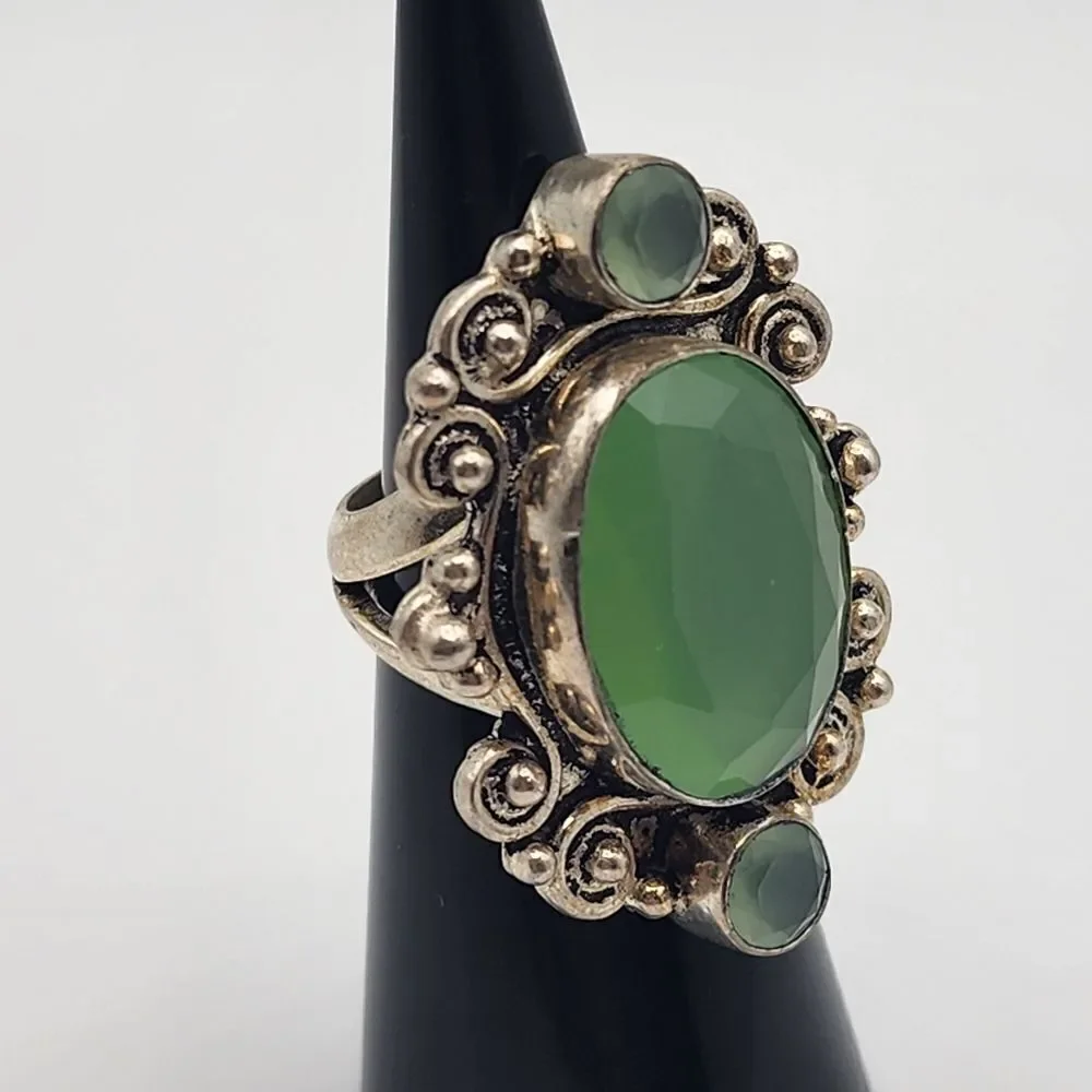 Sterling Silver & Green Crystal Ring (5.5)